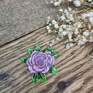 Embroidered Purple Rose Patch with Green Leaves